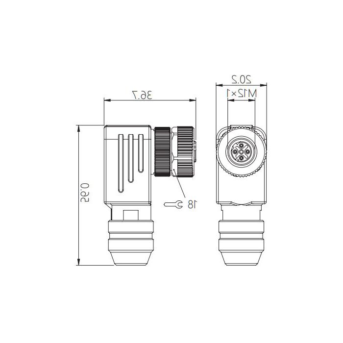 M12  5Pin、B-coded、母头90°、螺钉连接、金属屏蔽、0CF061